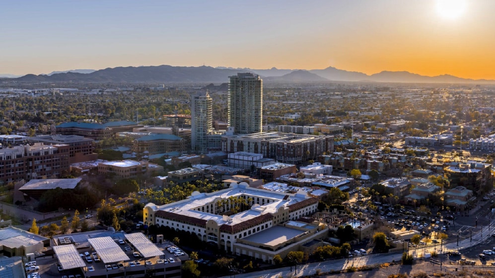 An overlook from atop Mountain Butte of sunset over downtown Phoenix Arizona