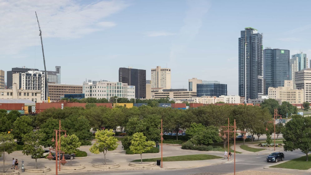 A panoramic shot of the downtown skyline of Winnipeg, Manitoba, Canada