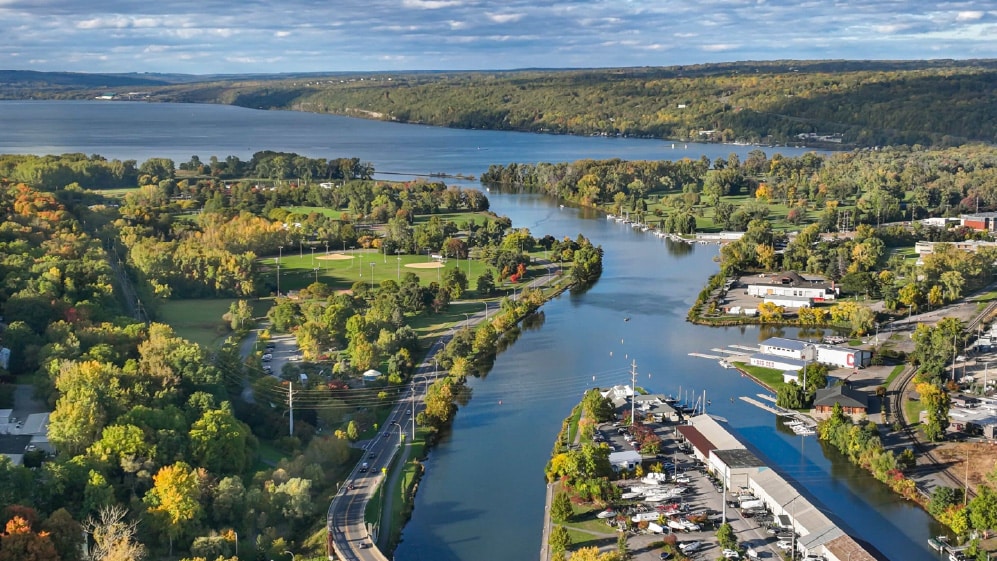Early afternoon autumn aerial photo view of Ithaca New York.