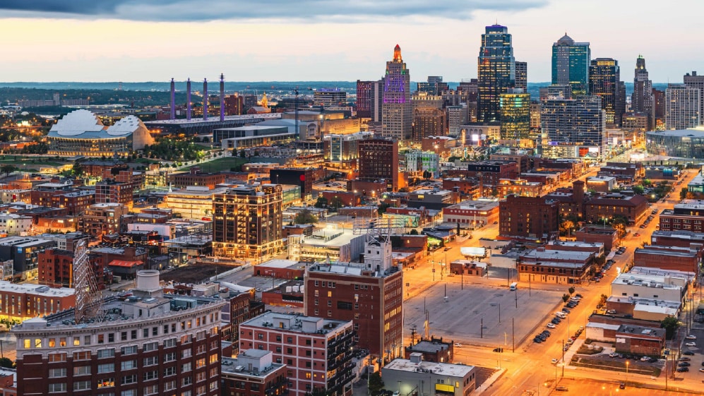Kansas City, Missouri, USA downtown cityscape at twilight.