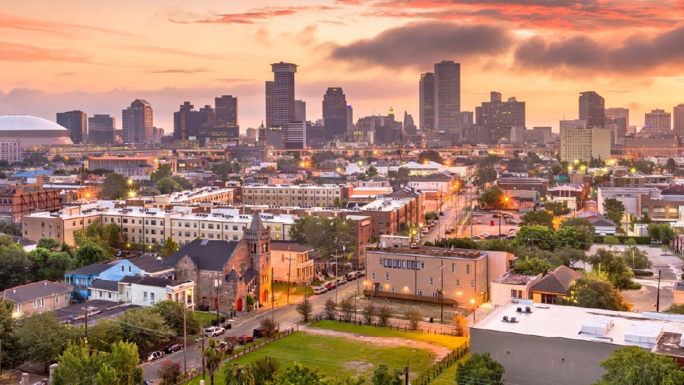 New Orleans, Louisiana, USA downtown city skyline at dawn.